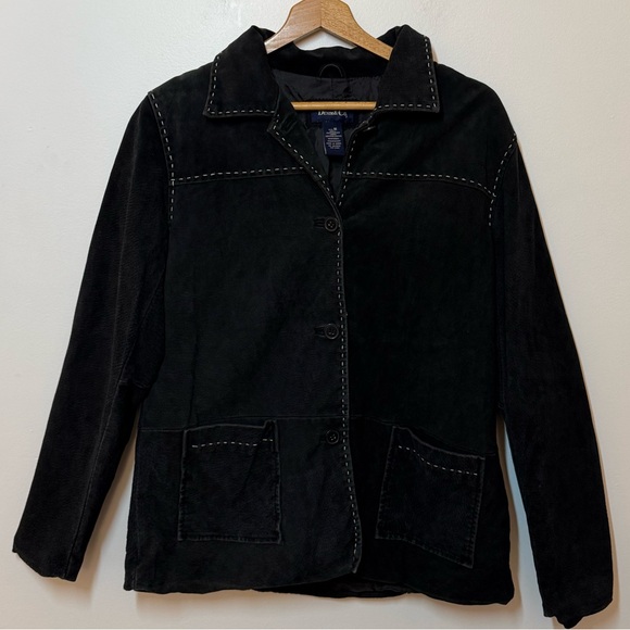 Vintage Black Suede Leather Jacket Contrast White Stitching Patch Boho 90s - Picture 6 of 6